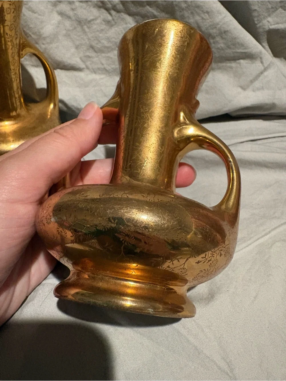Pearl China 22K Gold Decorative Double-Handled Ceramic Vases - Pair